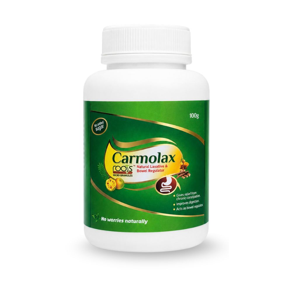 Carmolax Roots Ayurvedic micro granules by Roots by Mendine for natural constipation relief, healthy bowel movement and digestive support