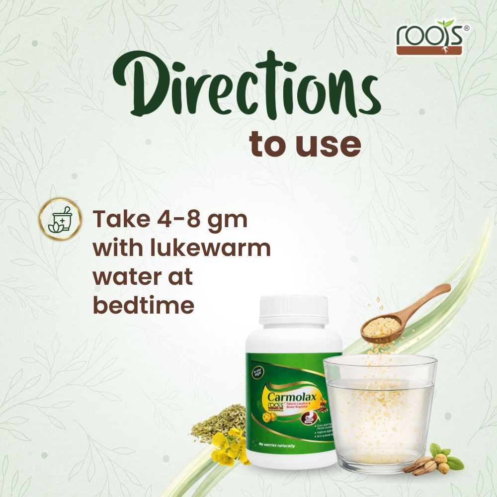 Directions to use Carmolax Roots Ayurvedic micro granules for natural constipation relief