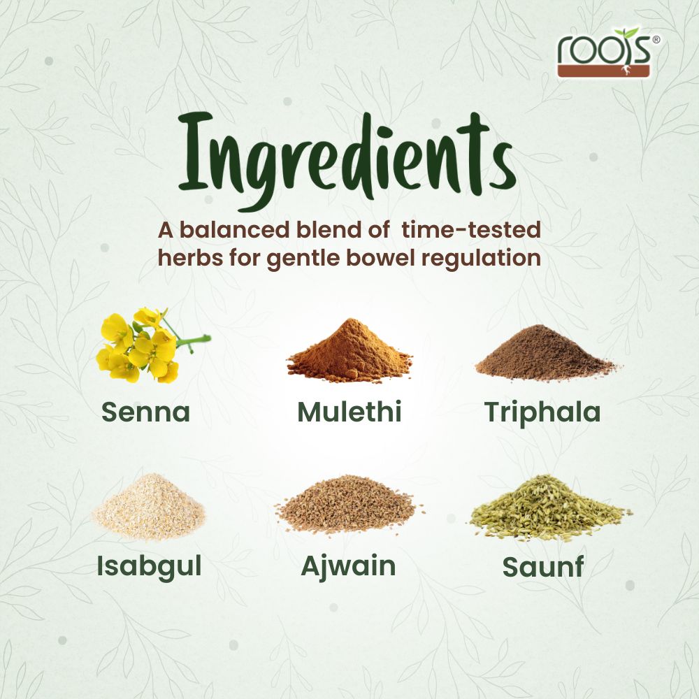 Key herbal ingredients in Carmolax Roots Ayurvedic micro granules by Roots by Mendine for natural constipation relief and improved bowel movement