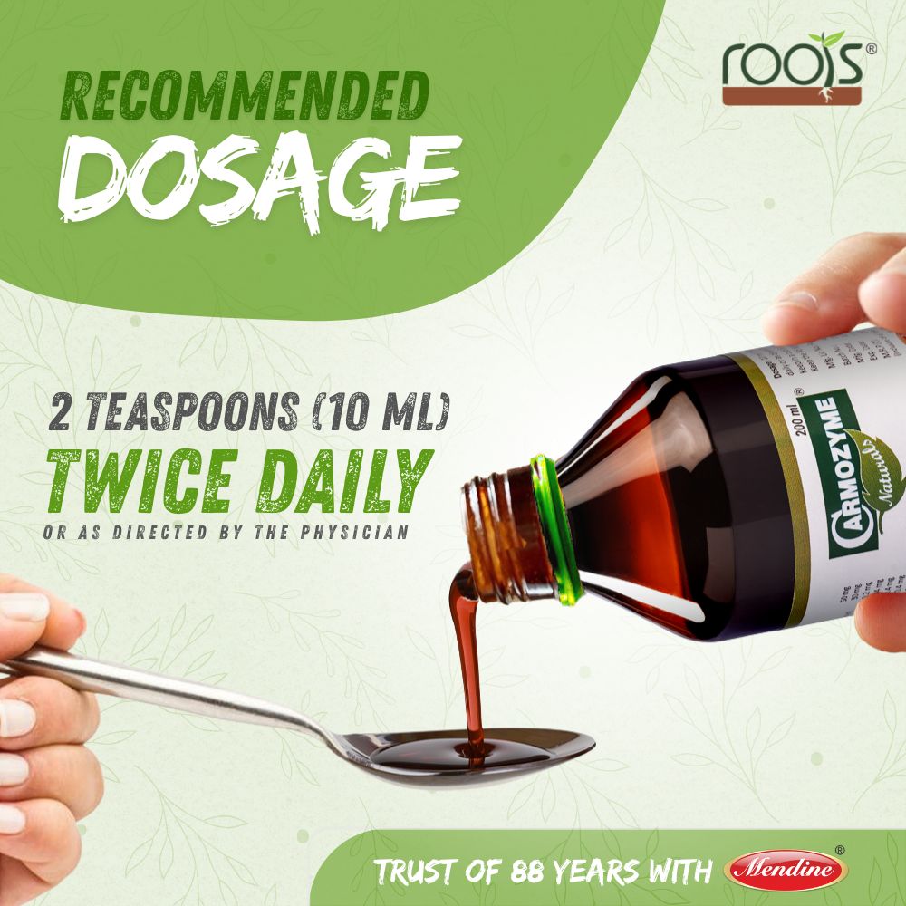 Recommended dosage instructions for Carmozyme Naturals Ayurvedic digestive syrup by Roots by Mendine for safe daily digestive support