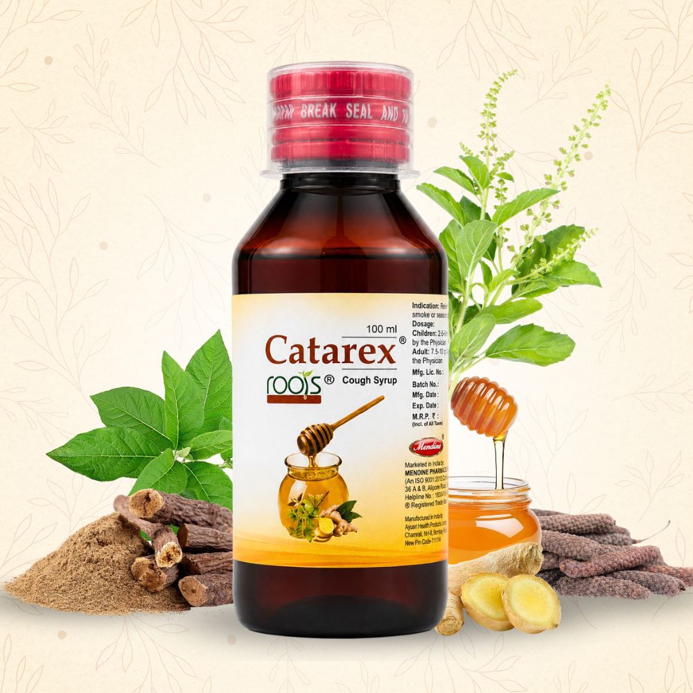 Catarex Roots Ayurvedic honey cough syrup by Roots by Mendine with natural ingredients for throat comfort and dry cough relief
