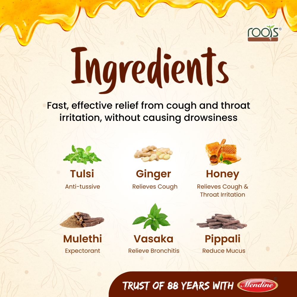 Powerful Ayurvedic herbs in Catarex Roots honey cough syrup–Tulsi, Ginger, Mulethi, Vasaka and Pippali by Roots by Mendine