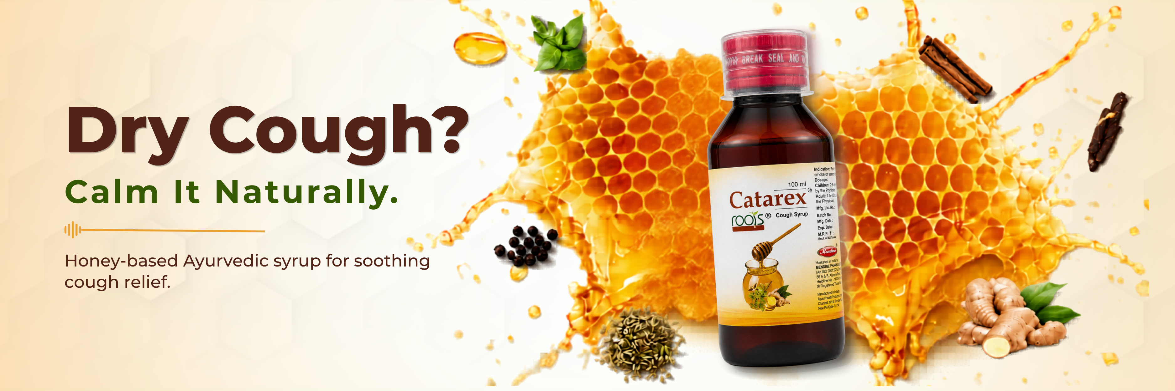 Catarex Roots honey-based Ayurvedic cough syrup by Roots by Mendine for dry cough relief, throat soothing and natural respiratory wellness