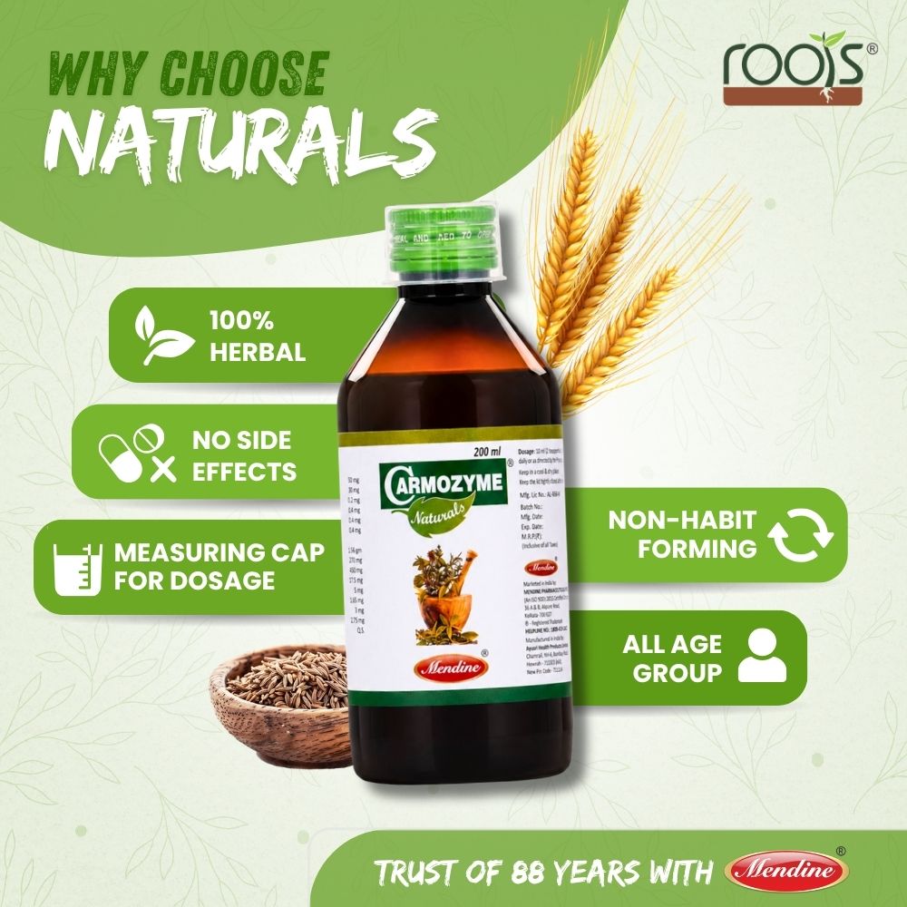 100% herbal Ayurvedic formula of Carmozyme Naturals digestive syrup by Roots by Mendine for complete digestive wellness and gut health